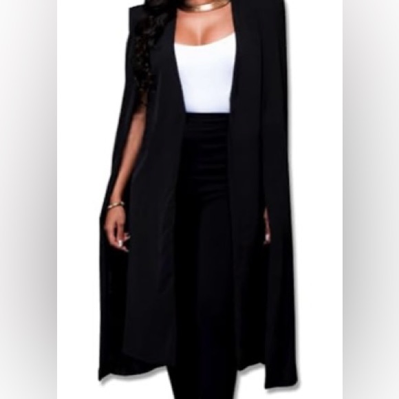 Women's Black Long Cape Cloak Open Slit Sleeve With Inner Vest Jacket - Picture 4 of 5